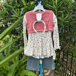 Little Lass Pink Vest with Floral Blouse